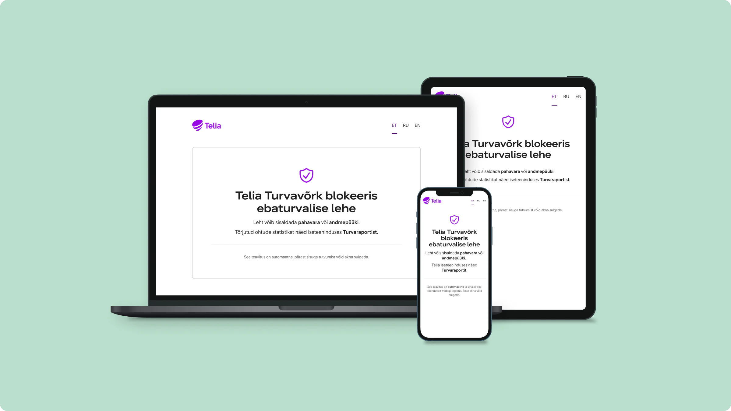 Telia Turvavõrk on laptop, tablet and phone