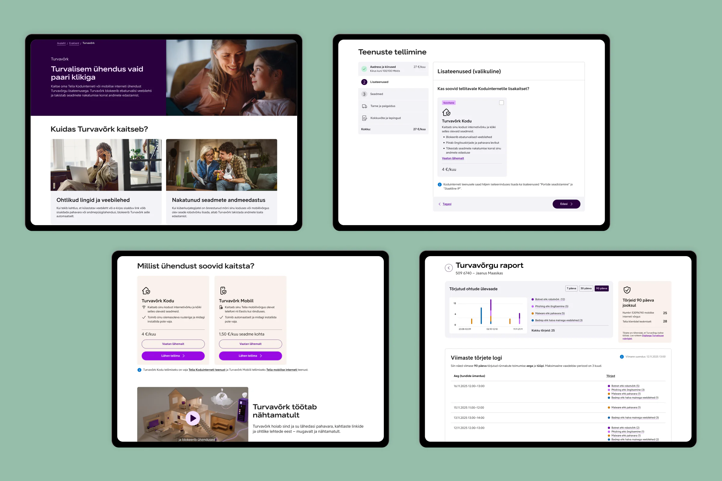 Telia Turvavõrk ordering flow, blocking page and security report